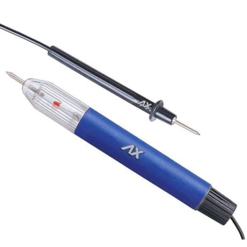 AX-204 pen-type electronic continuity tester highlighting the blue plastic body, sharp metal probe, bright indicator lamp, and the 1-meter flexible lead with an alligator clip.