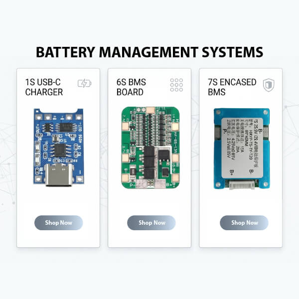 Three battery management system components with 'Shop Now' buttons on a white background.