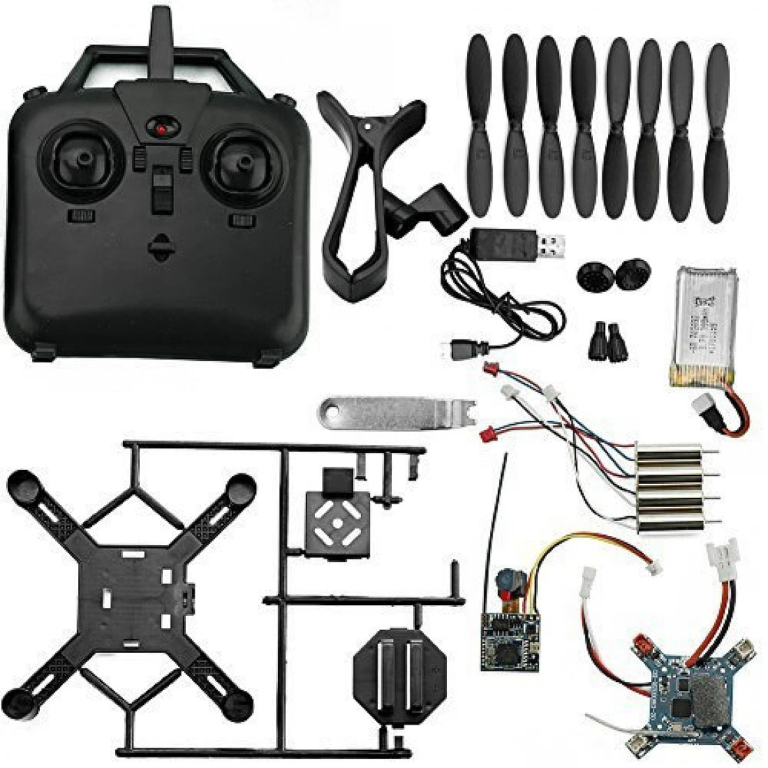 Unassembled components of the DM002 Camera Edition DIY mini drone kit, showing the Wi-Fi camera module, plastic frame, coreless motors, flight controller board, 300mAh LiPo battery, and remote control with smartphone mount.