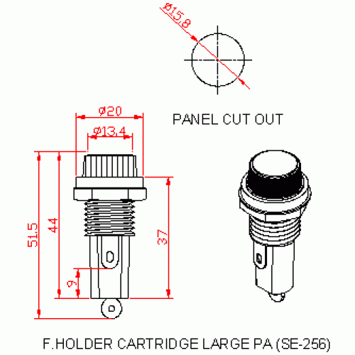 SE256 Large Fuse Holder (10A) – Panel Mount for 32x6mm Fuses