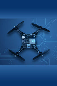 Drones on a blue background with circuit board design