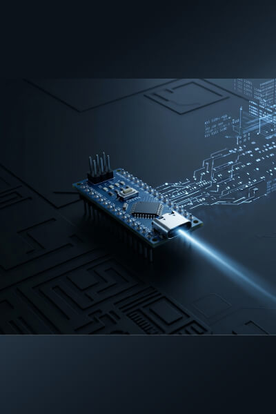 Electronic circuit board with glowing blue light on a dark background