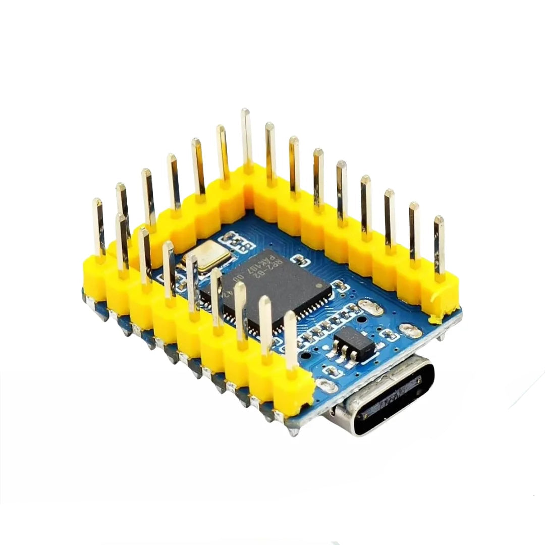A top-down view of the RP2040-Zero mini development board, highlighting the Raspberry Pi RP2040 microcontroller chip, USB Type-C port, onboard RGB LED, and castellated edge pins.