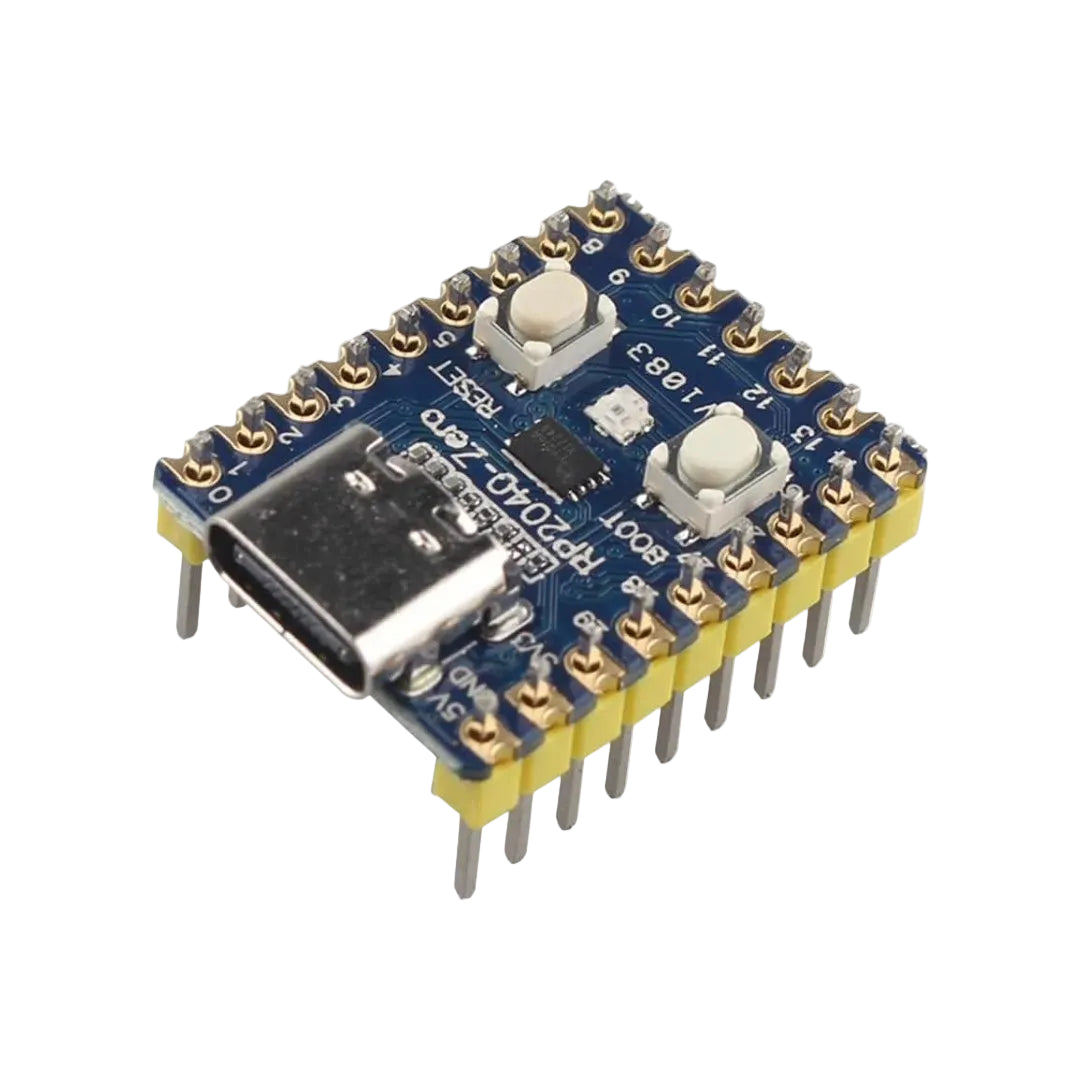 A top-down view of the RP2040-Zero mini development board, highlighting the Raspberry Pi RP2040 microcontroller chip, USB Type-C port, onboard RGB LED, and castellated edge pins.
