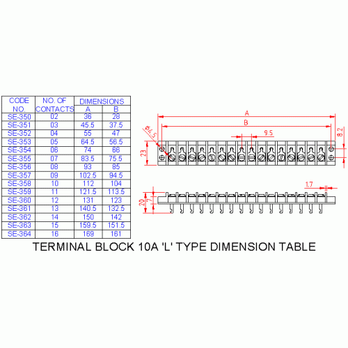 6-Way L-Type terminal block Dimensions