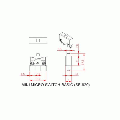 Diagram of SE 920 V-Type snap-action mini micro switch featuring a basic actuator and four electrical terminal pins.