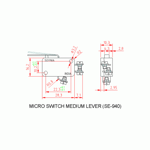 Graphical drawing of A black SE 940 snap-action micro limit switch featuring a medium-length straight metal lever actuator and three electrical terminal pins.