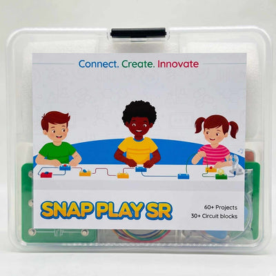 Snap Play SR educational kit packaging with children playing around a table.