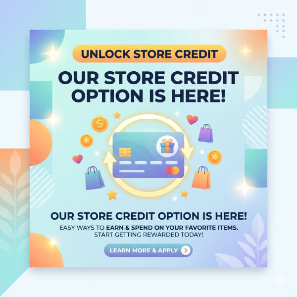 Promotional graphic for store credit option with colorful design elements.
