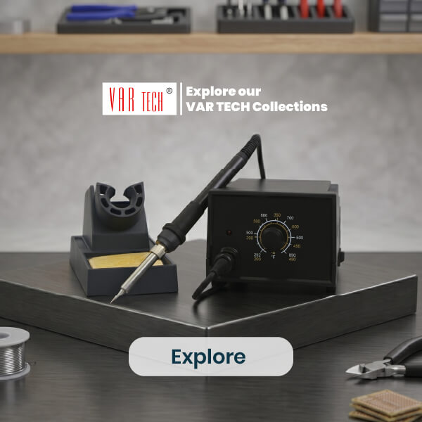Soldering iron station with VAR TECH branding on a gray surface.