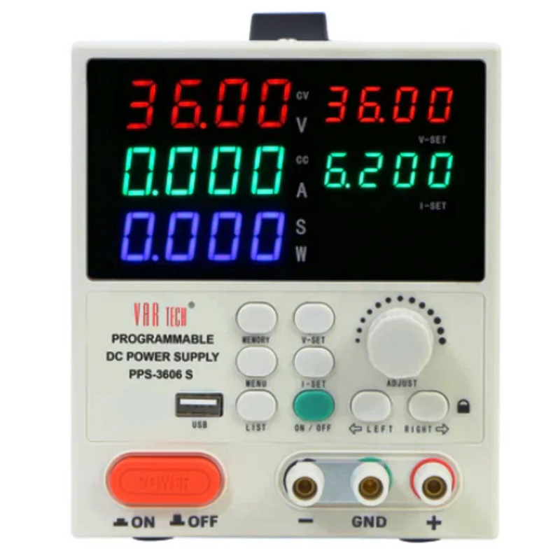 VARTECH PPS-3606 S programmable benchtop DC power supply, highlighting the multi-color 4-digit LED display, rotary dial, and 36V 6A output terminals.