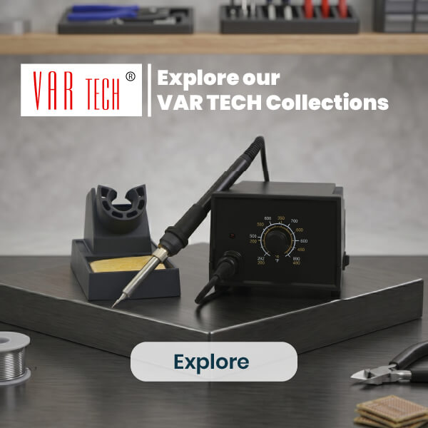Soldering station with VAR TECH branding on a workshop background